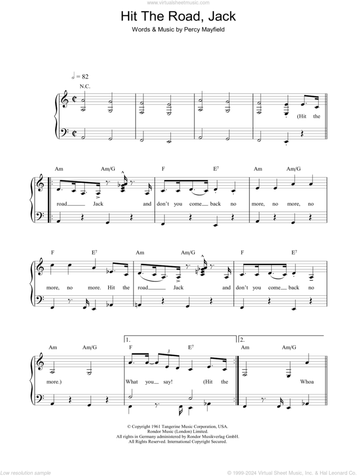 Hit The Road Jack sheet music for piano solo by Ray Charles and Percy Mayfield, easy skill level