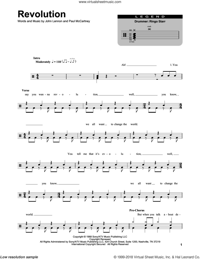Revolution sheet music for drums by The Beatles, John Lennon and Paul McCartney, intermediate skill level