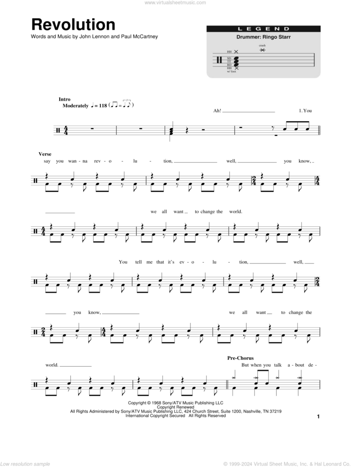 Revolution sheet music for drums by The Beatles, John Lennon and Paul McCartney, intermediate skill level