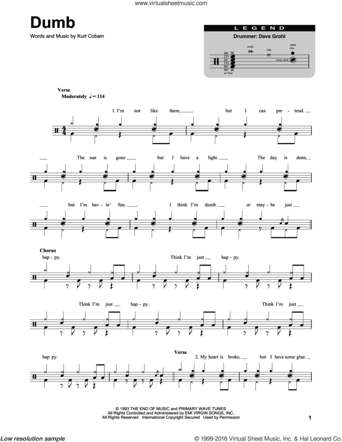 Dumb sheet music for drums by Nirvana and Kurt Cobain, intermediate skill level