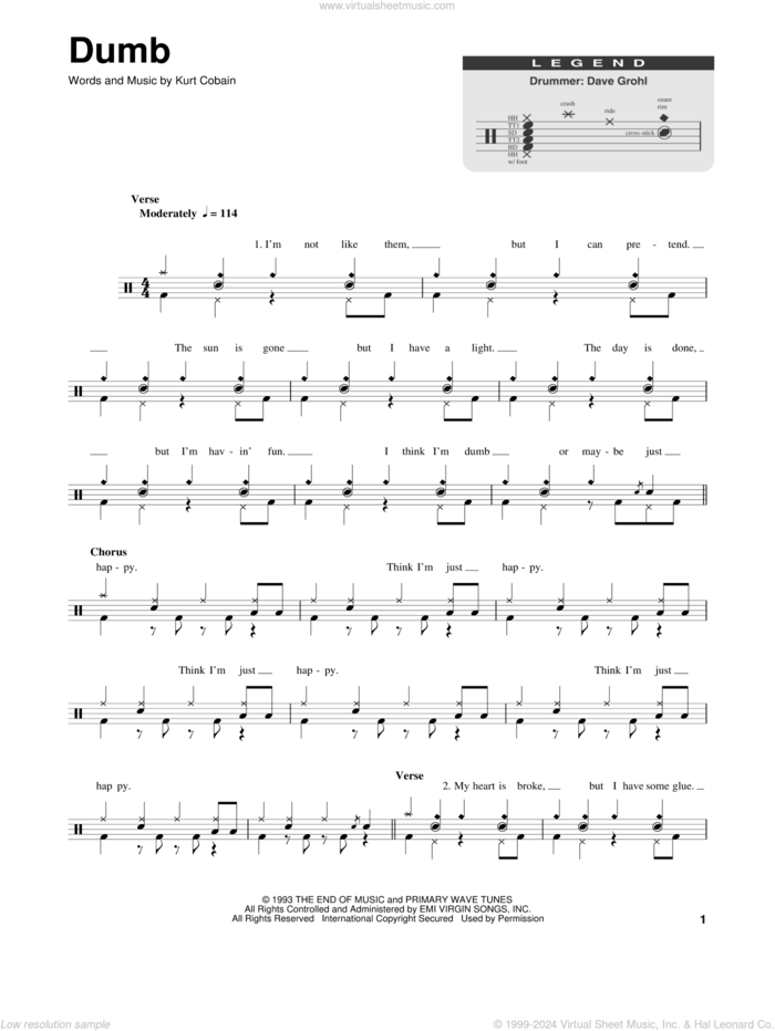 Dumb sheet music for drums by Nirvana and Kurt Cobain, intermediate skill level