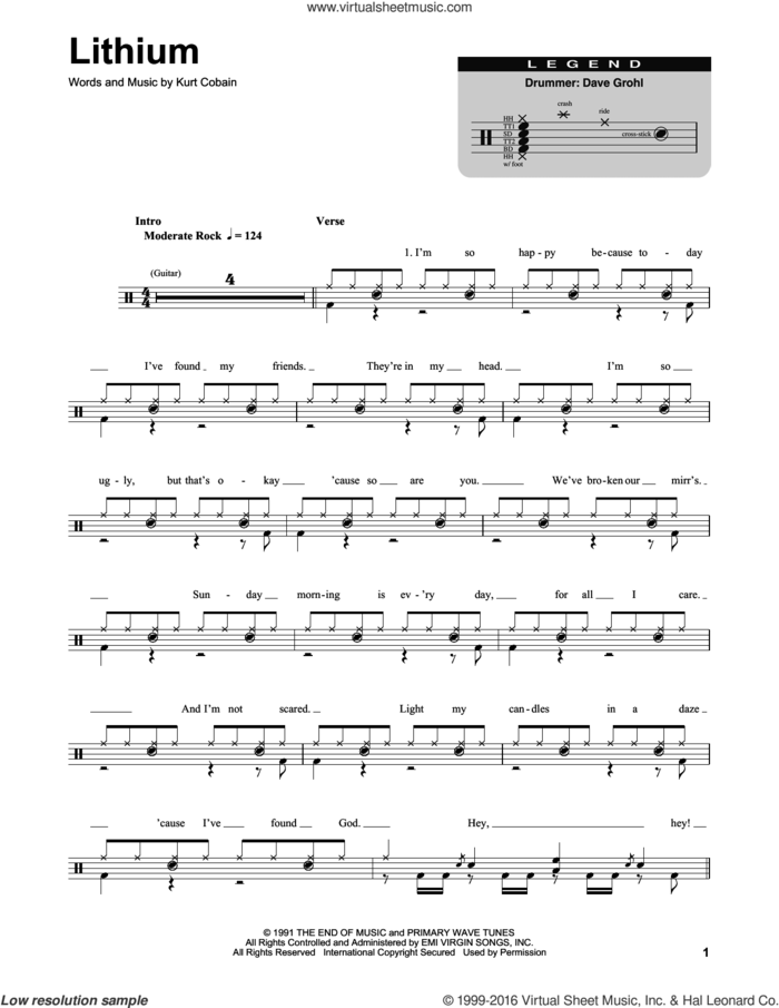 Lithium sheet music for drums by Nirvana and Kurt Cobain, intermediate skill level
