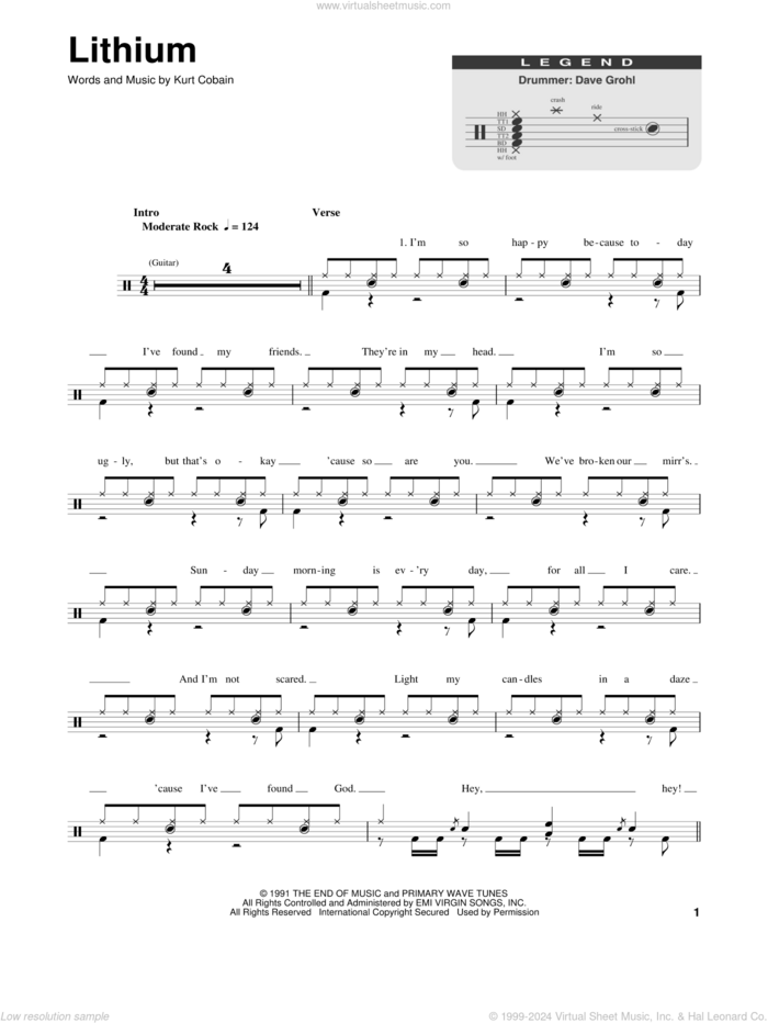 Lithium sheet music for drums by Nirvana and Kurt Cobain, intermediate skill level