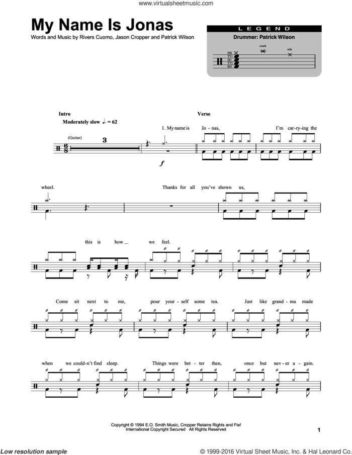 My Name Is Jonas sheet music for drums by Weezer, Jason Cropper, Patrick Wilson and Rivers Cuomo, intermediate skill level