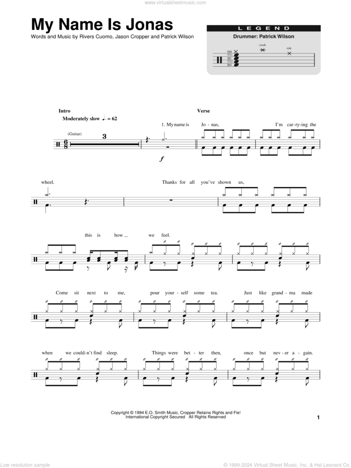 My Name Is Jonas sheet music for drums by Weezer, Jason Cropper, Patrick Wilson and Rivers Cuomo, intermediate skill level