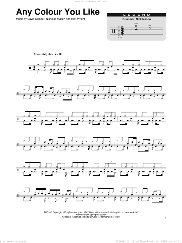 Any Colour You Like sheet music for drums by Pink Floyd, David Gilmour, Nicholas Mason and Richard Wright, intermediate skill level