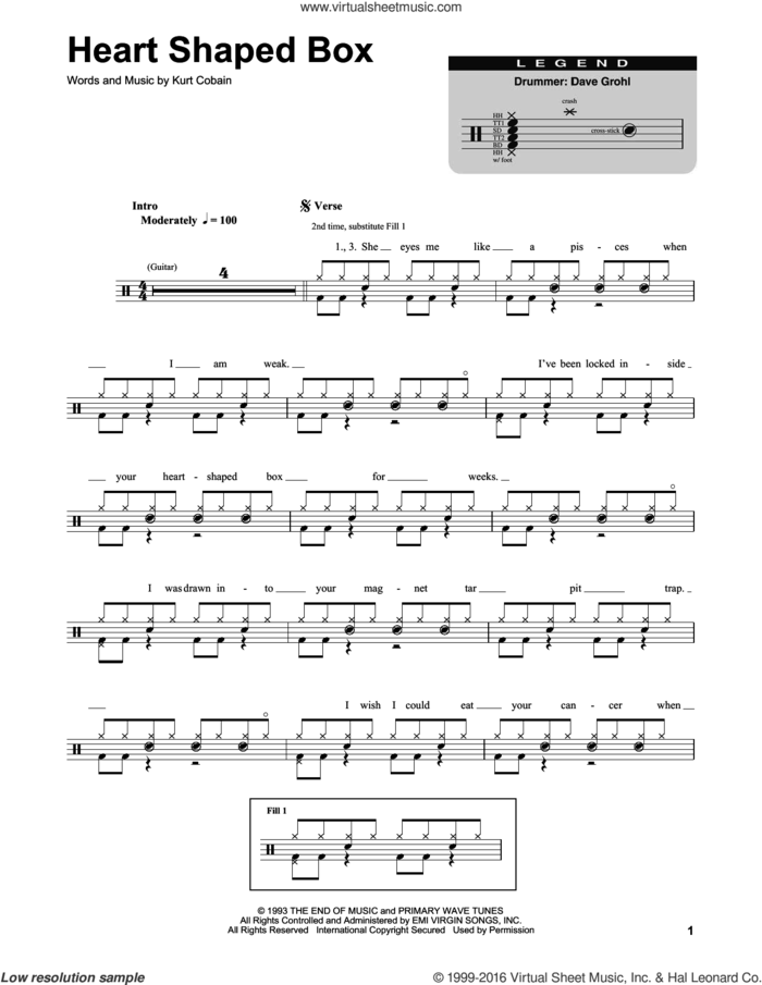 Heart Shaped Box sheet music for drums by Nirvana and Kurt Cobain, intermediate skill level