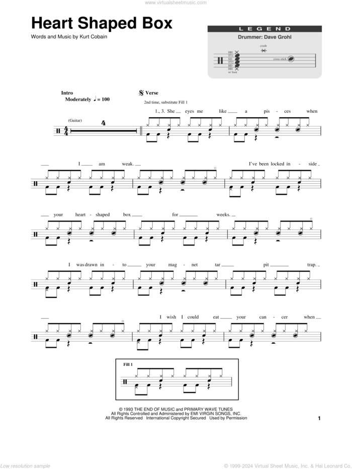 Heart Shaped Box sheet music for drums by Nirvana and Kurt Cobain, intermediate skill level