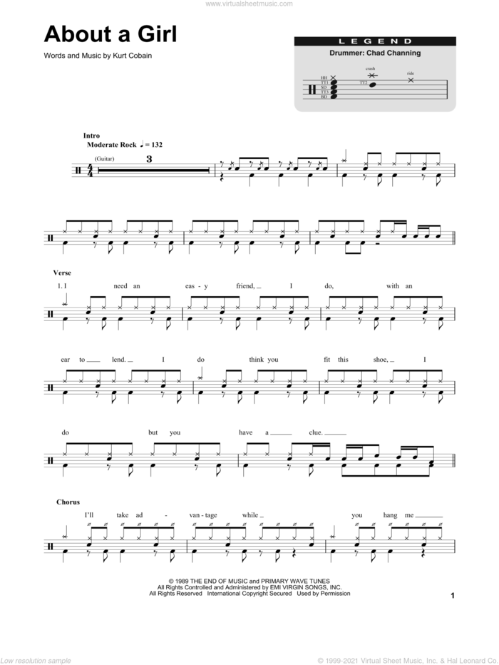 About A Girl sheet music for drums by Nirvana and Kurt Cobain, intermediate skill level