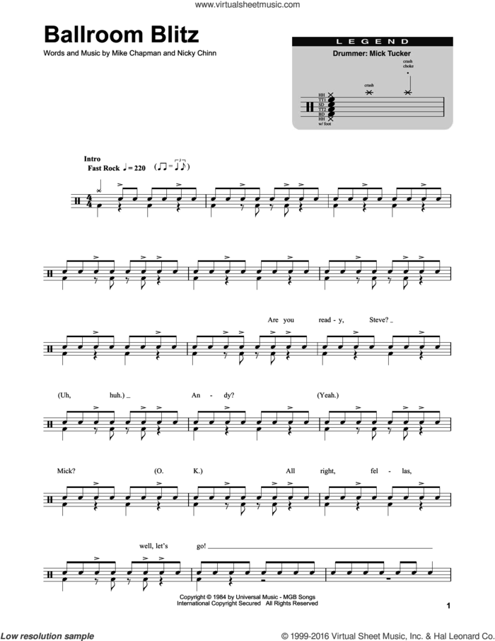 Ballroom Blitz sheet music for drums by Sweet, Krokus, Mike Chapman and Nicky Chinn, intermediate skill level