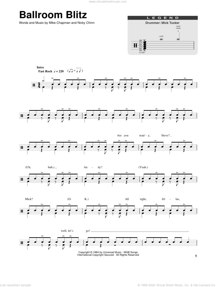 Ballroom Blitz sheet music for drums by Sweet, Krokus, Mike Chapman and Nicky Chinn, intermediate skill level