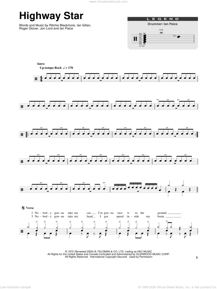 Highway Star sheet music for drums by Deep Purple, Ian Gillan, Ian Paice, Jon Lord, Ritchie Blackmore and Roger Glover, intermediate skill level