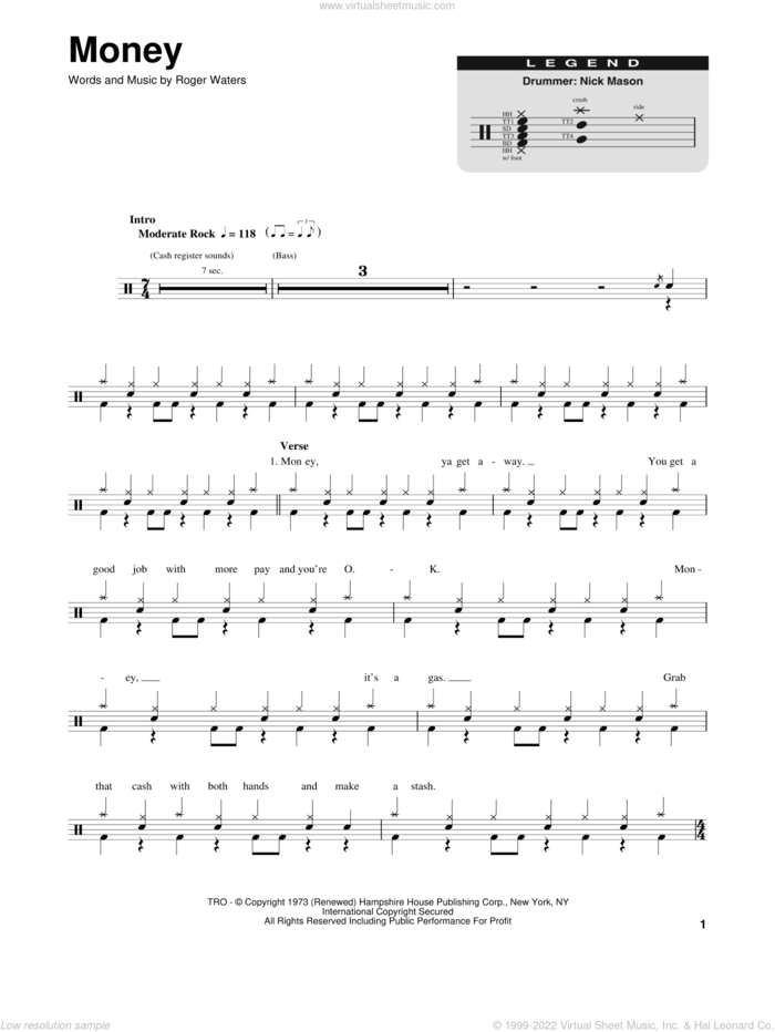 Money sheet music for drums by Pink Floyd and Roger Waters, intermediate skill level