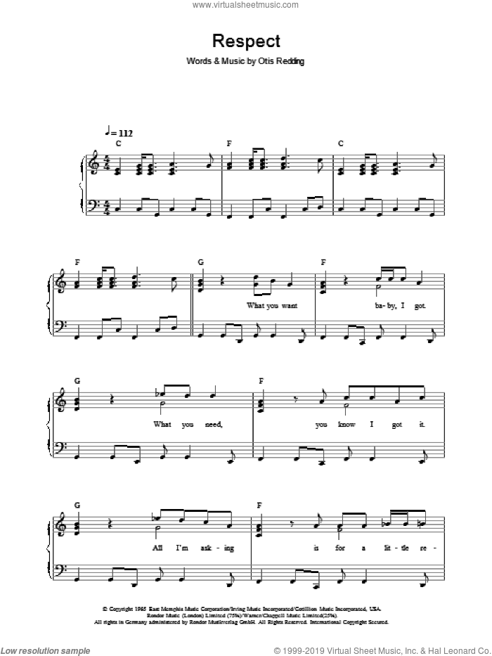 Respect sheet music for piano solo by Otis Redding and Aretha Franklin, easy skill level