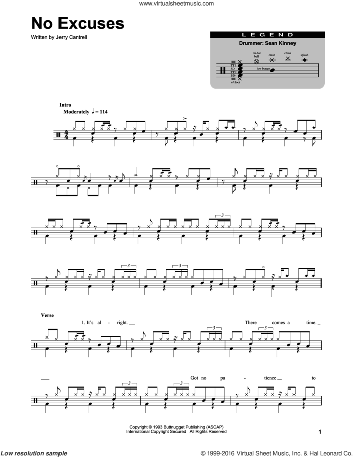 No Excuses sheet music for drums by Alice In Chains and Jerry Cantrell, intermediate skill level
