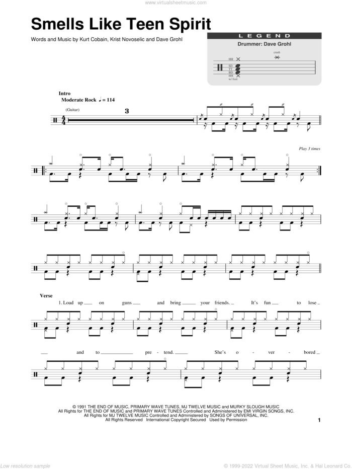 Smells Like Teen Spirit sheet music for drums by Nirvana, Dave Grohl, Krist Novoselic and Kurt Cobain, intermediate skill level