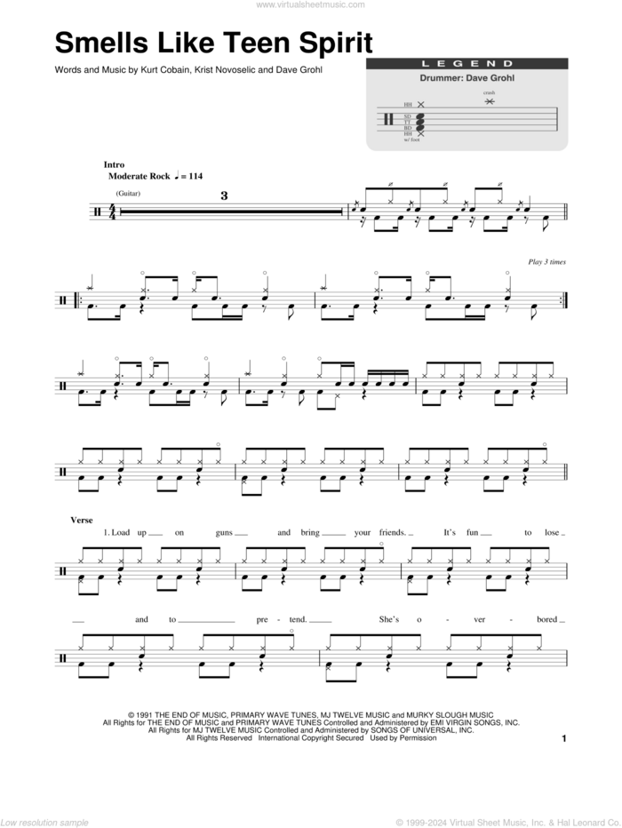 Smells Like Teen Spirit sheet music for drums by Nirvana, Dave Grohl, Krist Novoselic and Kurt Cobain, intermediate skill level