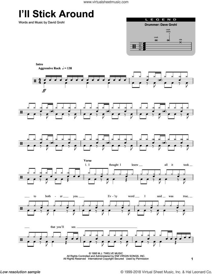 I'll Stick Around sheet music for drums by Foo Fighters and Dave Grohl, intermediate skill level