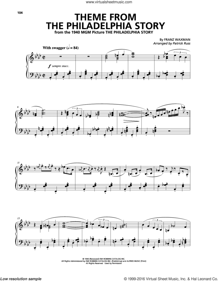 Theme From The Philadelphia Story sheet music for piano solo by Franz Waxman, intermediate skill level