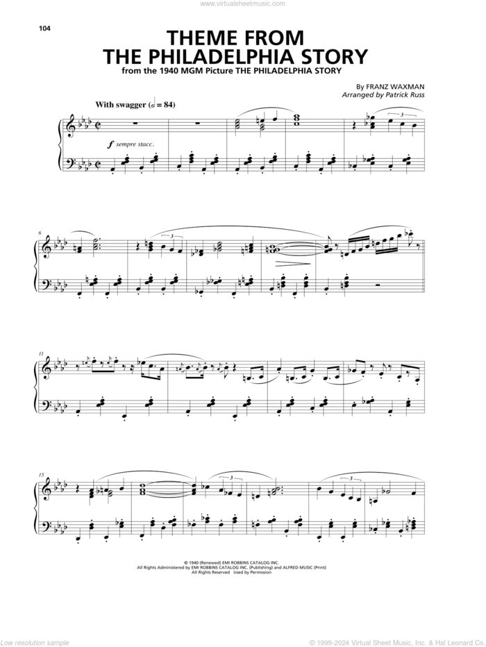 Theme From The Philadelphia Story sheet music for piano solo by Franz Waxman, intermediate skill level