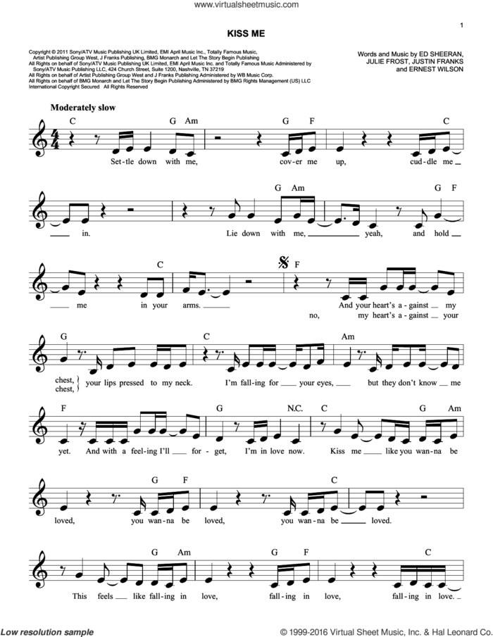 Kiss Me sheet music for voice and other instruments (fake book) by Ed Sheeran, Ernest Wilson, Julie Frost and Justin Franks, wedding score, easy skill level