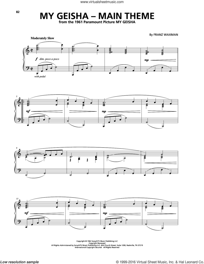 My Geisha - Main Title sheet music for piano solo by Franz Waxman, intermediate skill level