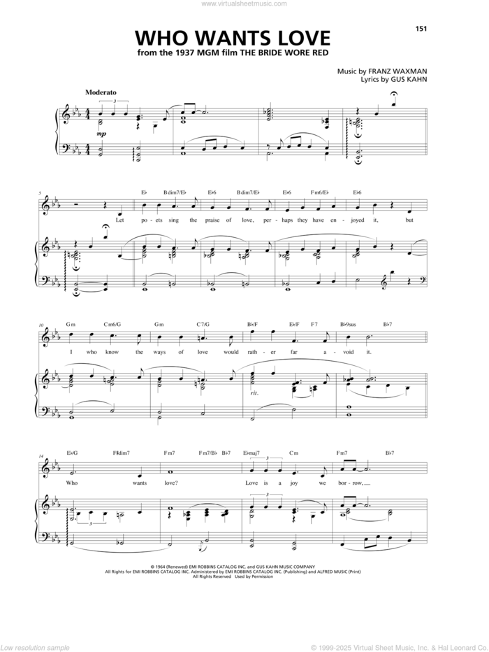 Who Wants Love sheet music for voice, piano or guitar by Franz Waxman and Gus Kahn, intermediate skill level