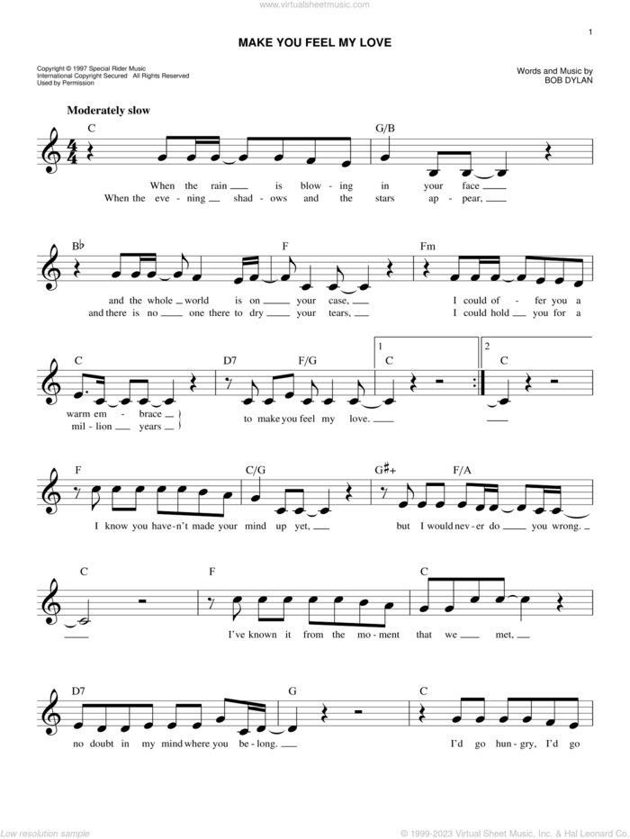 Make You Feel My Love sheet music for voice and other instruments (fake book) by Adele and Bob Dylan, intermediate skill level