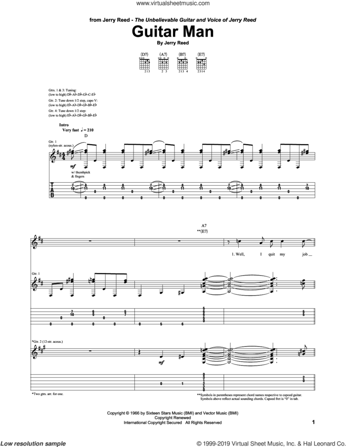 Guitar Man sheet music for guitar (tablature) by Jerry Reed and Elvis Presley, intermediate skill level