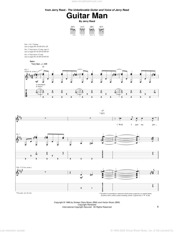 Guitar Man sheet music for guitar (tablature) by Jerry Reed and Elvis Presley, intermediate skill level