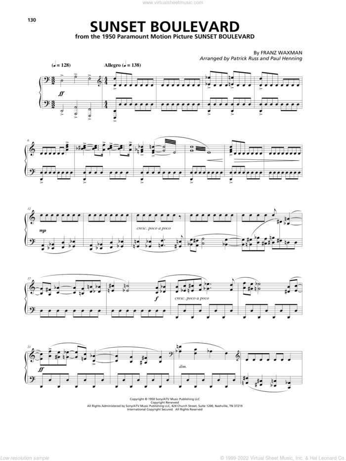 Sunset Boulevard sheet music for piano solo by Franz Waxman, intermediate skill level