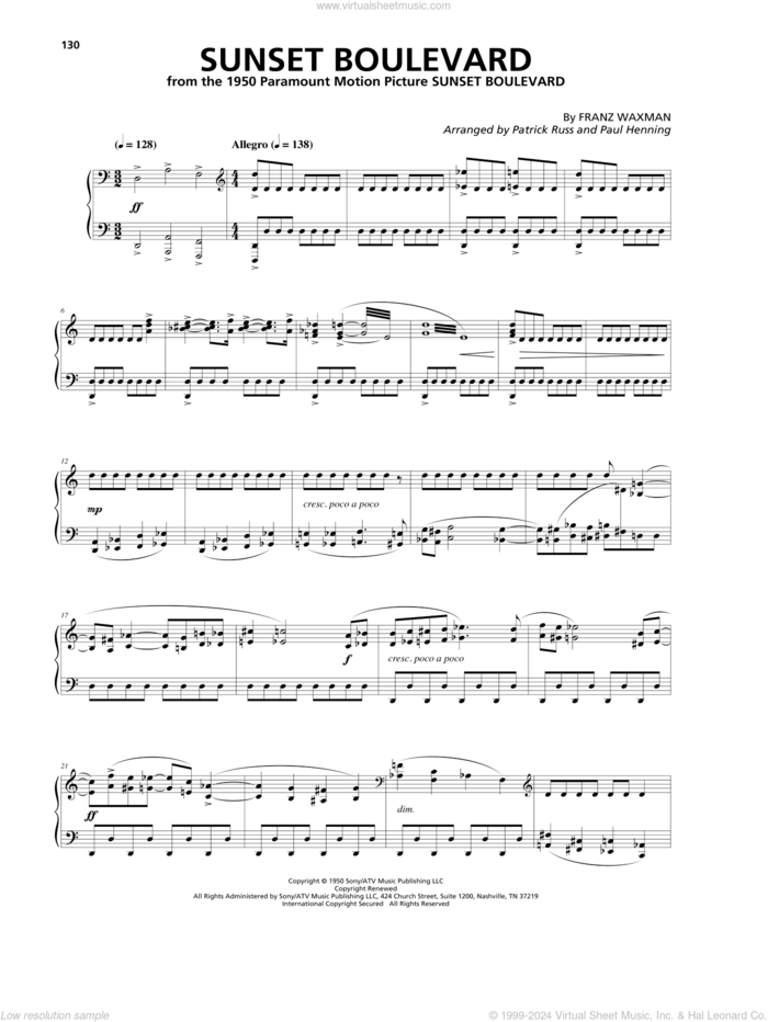 Sunset Boulevard sheet music for piano solo by Franz Waxman, intermediate skill level