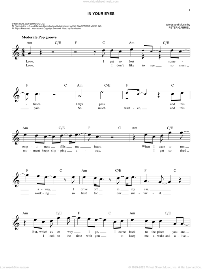 In Your Eyes sheet music for voice and other instruments (fake book) by Peter Gabriel, intermediate skill level