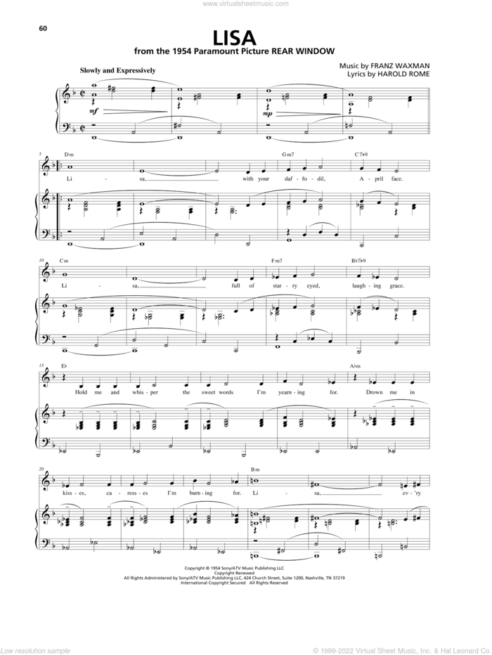 Lisa sheet music for voice, piano or guitar by Franz Waxman and Harold Rome, intermediate skill level