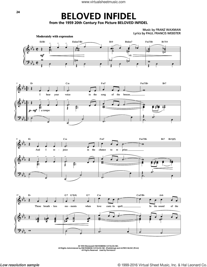 Beloved Infidel sheet music for voice, piano or guitar by Franz Waxman and Paul Francis Webster, intermediate skill level