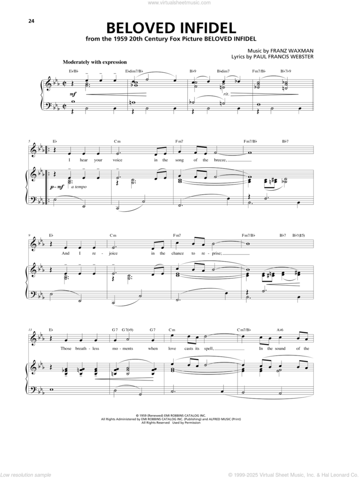 Beloved Infidel sheet music for voice, piano or guitar by Franz Waxman and Paul Francis Webster, intermediate skill level