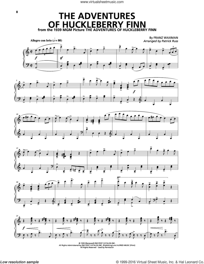 The Adventures Of Huckleberry Finn sheet music for piano solo by Franz Waxman, intermediate skill level