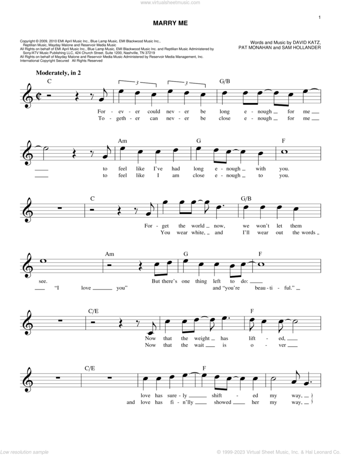 Marry Me sheet music for voice and other instruments (fake book) by Train, David Katz, Pat Monahan and Sam Hollander, wedding score, easy skill level