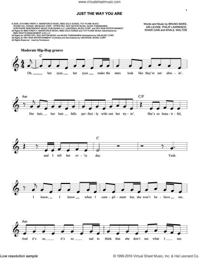 Just The Way You Are sheet music for voice and other instruments (fake book) by Bruno Mars, Ari Levine, Khalil Walton, Khari Cain and Philip Lawrence, wedding score, easy skill level