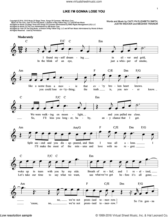 Like I'm Gonna Lose You sheet music for voice and other instruments (fake book) by Meghan Trainor, Caitlyn Elizabeth Smith and Justin Weaver, wedding score, easy skill level