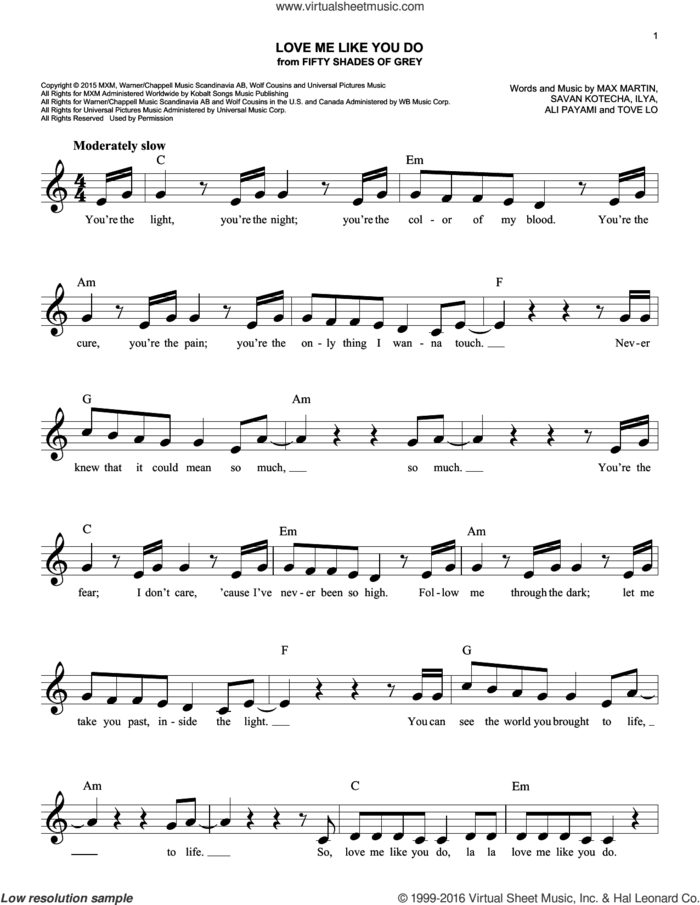 Love Me Like You Do sheet music for voice and other instruments (fake book) by Ellie Goulding, Ali Payami, Ilya, Max Martin, Savan Kotecha and Tove Lo, wedding score, intermediate skill level