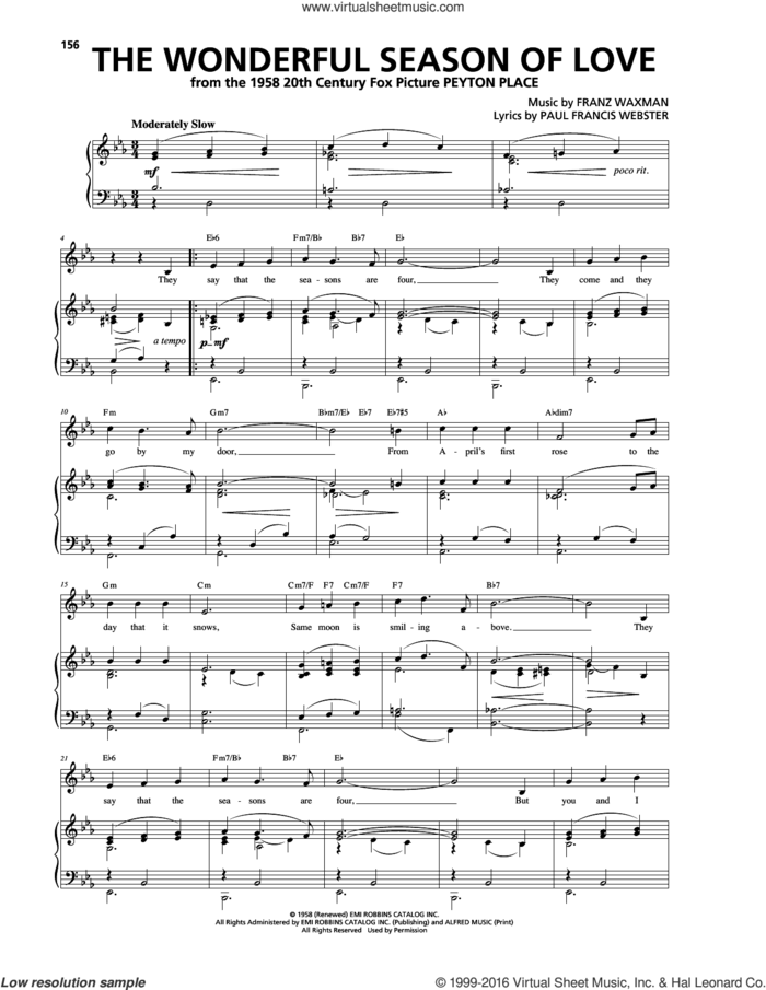 The Wonderful Season Of Love sheet music for voice, piano or guitar by Franz Waxman and Paul Francis Webster, intermediate skill level