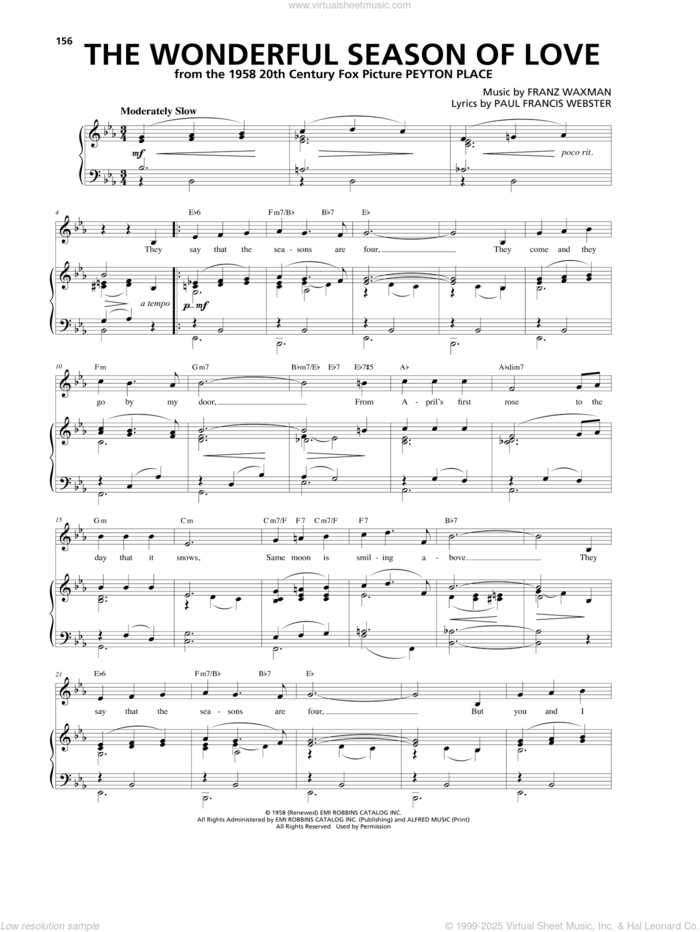 The Wonderful Season Of Love sheet music for voice, piano or guitar by Franz Waxman and Paul Francis Webster, intermediate skill level