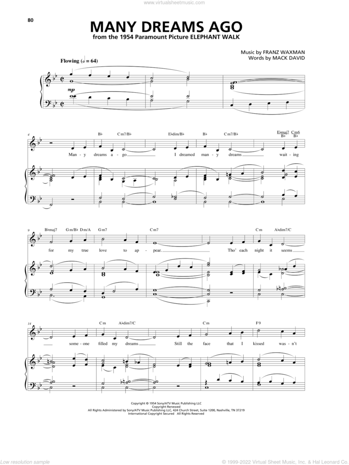 Many Dreams Ago sheet music for voice, piano or guitar by Franz Waxman and Mack David, intermediate skill level