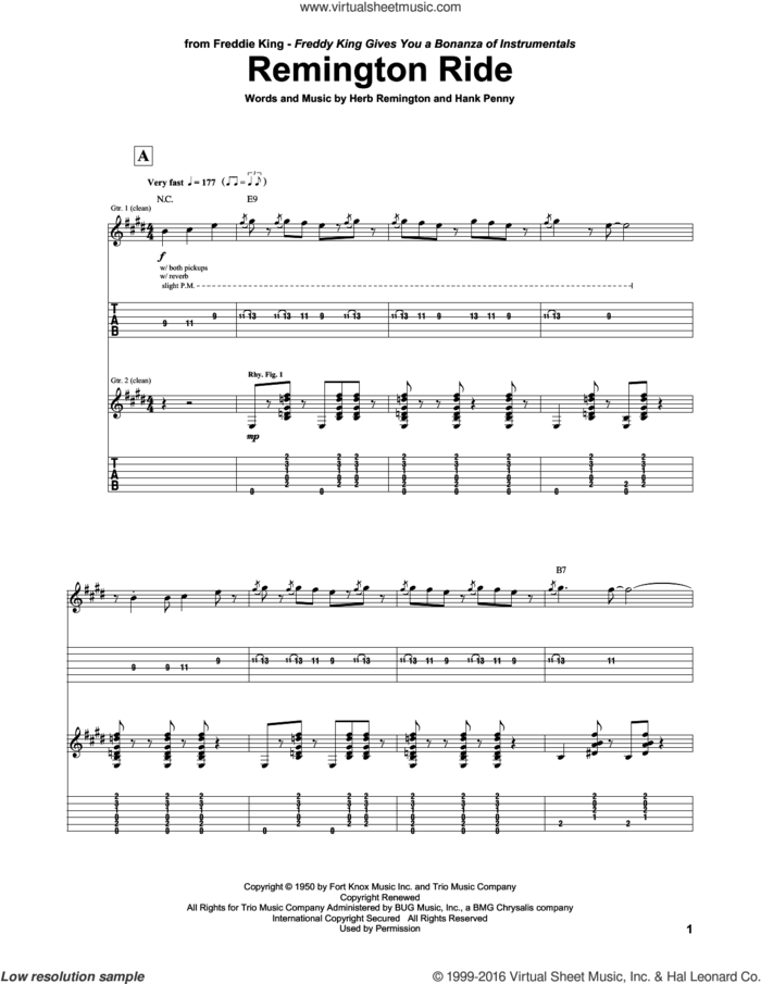 Remington Ride sheet music for guitar (tablature) by Freddie King, Hank Penny and Herb Remington, intermediate skill level