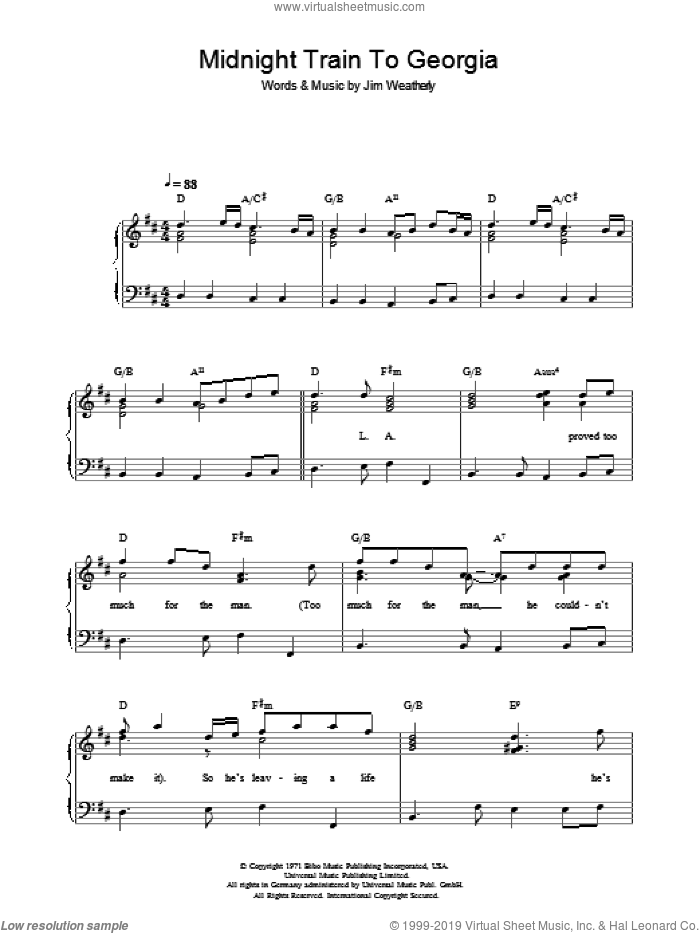Midnight Train To Georgia sheet music for voice, piano or guitar by Gladys Knight & The Pips and Jim Weatherly, intermediate skill level