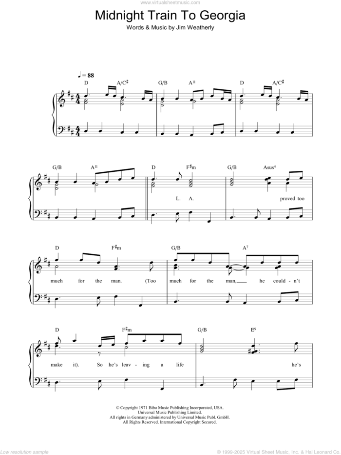 Midnight Train To Georgia sheet music for voice, piano or guitar by Gladys Knight & The Pips and Jim Weatherly, intermediate skill level