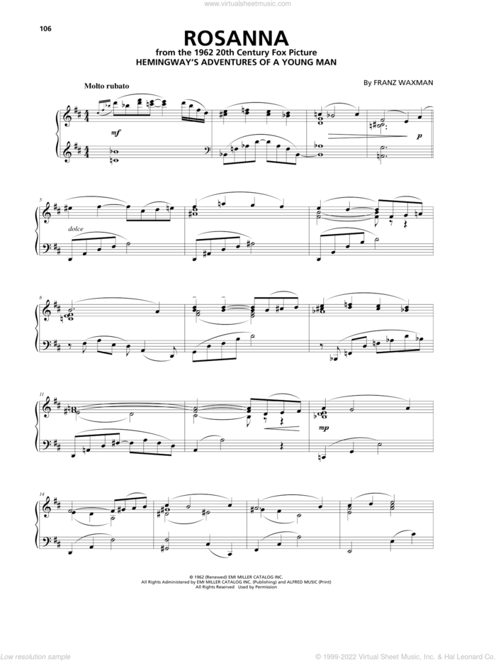 Rosanna sheet music for piano solo by Franz Waxman, intermediate skill level