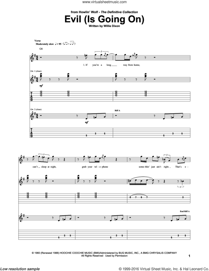 Evil (Is Going On) sheet music for guitar (tablature) by Howlin' Wolf, Eric Clapton and Willie Dixon, intermediate skill level