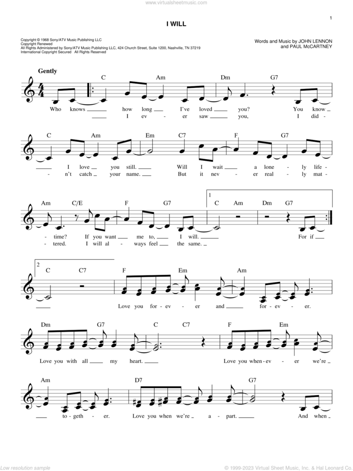 I Will sheet music for voice and other instruments (fake book) by The Beatles, John Lennon and Paul McCartney, intermediate skill level
